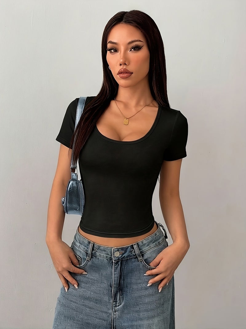 Spring\u002FSummer Women's Slim - Fit Solid Color Round Neck Short Sleeve Top, Body - hugging Base Layer, Fashionable Simple and Versatile Top, Suitable for All Seasons, Comfortable... - Image 2