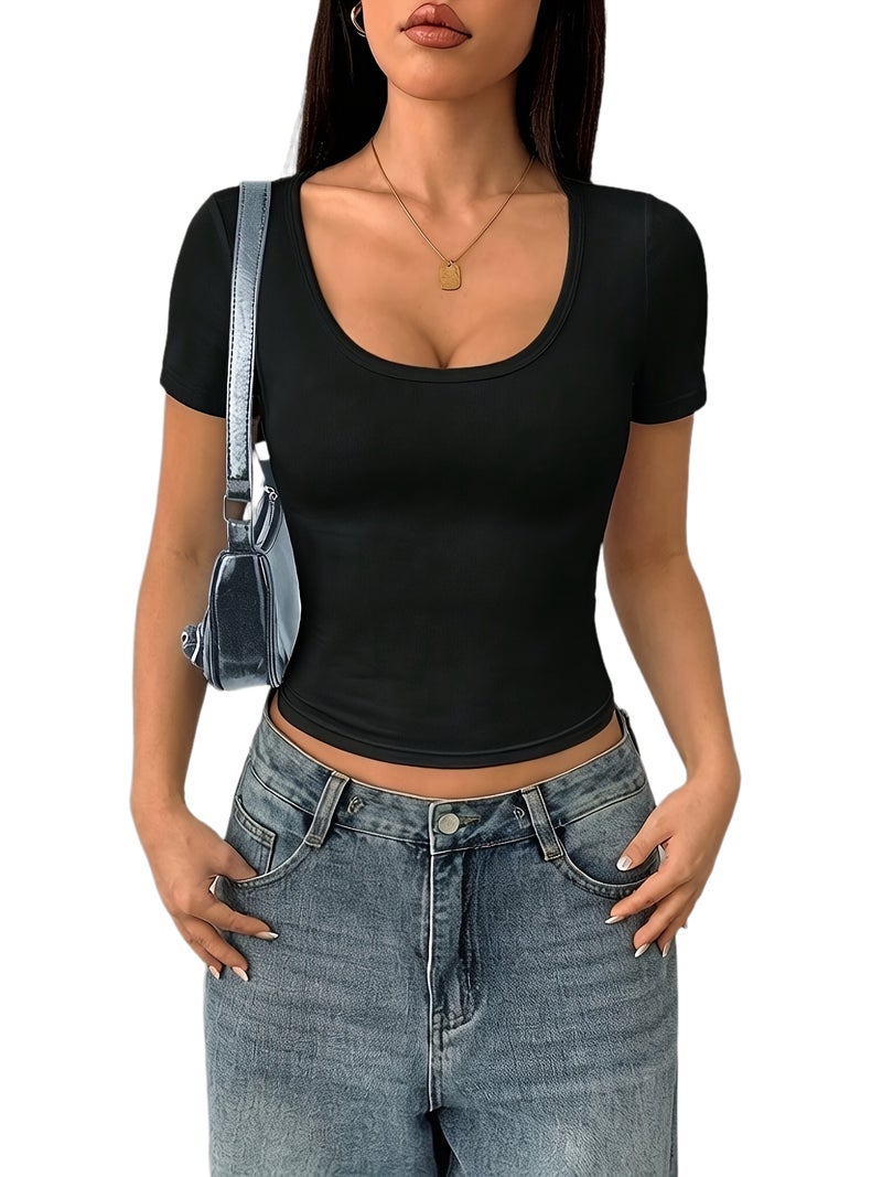 Spring\u002FSummer Women's Slim - Fit Solid Color Round Neck Short Sleeve Top, Body - hugging Base Layer, Fashionable Simple and Versatile Top, Suitable for All Seasons, Comfortable... - Image 1