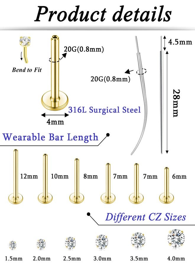 Tornito 6 Pairs 18K Gold Plated Push in Nose Studs for Women Men 316L Stainless Steel Threadless Lip Rings CZ Flat Back Stud Earrings Nostril Labret Cartilage Earrings 6/7/7/8/10/12mm 20G Gold - Image 2