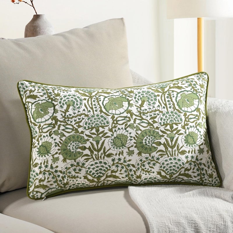 CPC COTTON PRINT CLUB CPC Agate Green 100% Cotton Block Print Sham Cover 12x20 inch, Handmade Boho Floral Pillowcase, Farmhouse Cottagecore Bedding, Soft Decorative Cushion Cover Gift Spring, Easter - Image 1