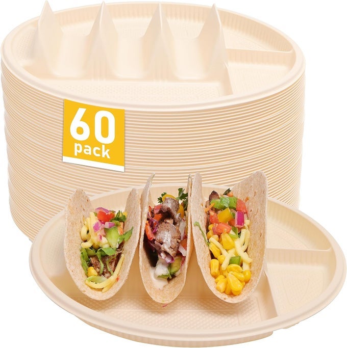 60 PACK DISPOSABLE TACO PLATES WITH DIPPING SIDES BIODEGRADABLE CORNSTARCH TACO HOLDER FOR PARTY LARGE SIZE FIT FOR 68 INCH LARGE TORTILLA MICROWAVE SAFE