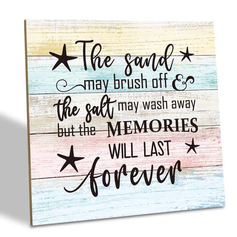 SUSZDOU علامة خشب الشاطئ ، قد تغسل الرمال من الملح ، لكن الذكريات ستستمر إلى الأبد Wood Plaque Table Art Sign Ocean Decorations for Home Beach House Decor - Image 1