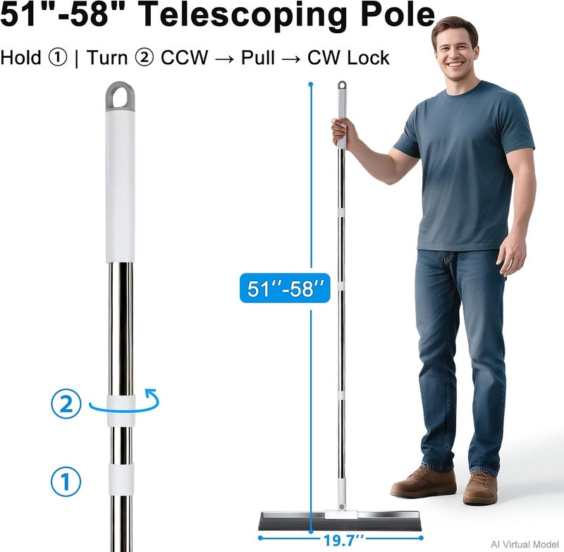 PUREXA 19.7'' Large Floor Squeegee with 51''-58'' Stainless Steel Telescoping Handle, Professional Silicone Squeegee Broom for Removing Water on Concrete Floor, Tile Floor, Epoxy, Garage, Driveway - Image 3