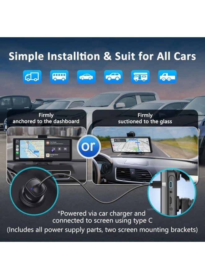 BlueFire Apple CarPlay & Android Auto 10.26" HD Wireless Car Stereo Touch Screen with 4K Dash Cam, Apple CarPlay & Android Auto, Dual Bluetooth, IPS Display, AUX/FM, Navigation, and Reverse Camera - Universal Plug & Play Multimedia Player - Image 3