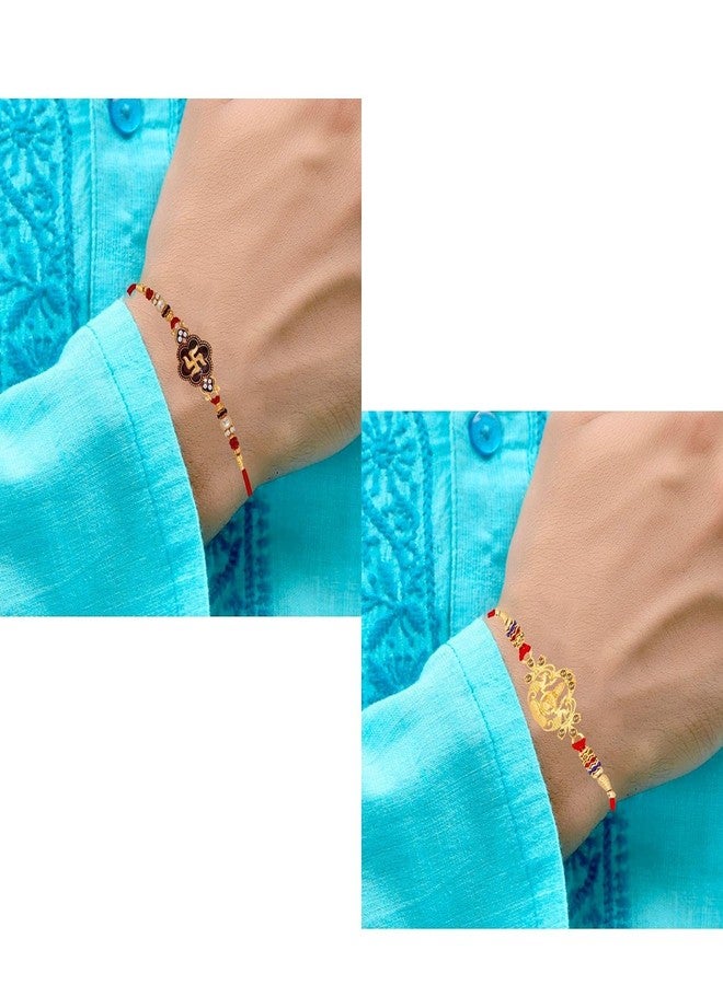 Okos Gold Plated Alloy Combo Pack Of 6 Auspicious Religious Rakhi Bracelet Set Studded With Multicolor Crystal Stones For Men- Rakhi For Brother, Bhaiya, Bhai CO1000413C - Image 2