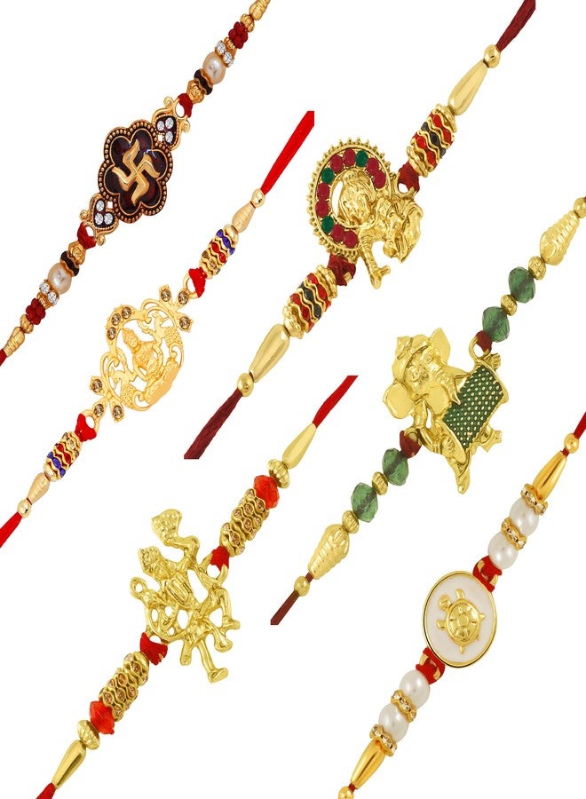 Okos Gold Plated Alloy Combo Pack Of 6 Auspicious Religious Rakhi Bracelet Set Studded With Multicolor Crystal Stones For Men- Rakhi For Brother, Bhaiya, Bhai CO1000413C - Image 1