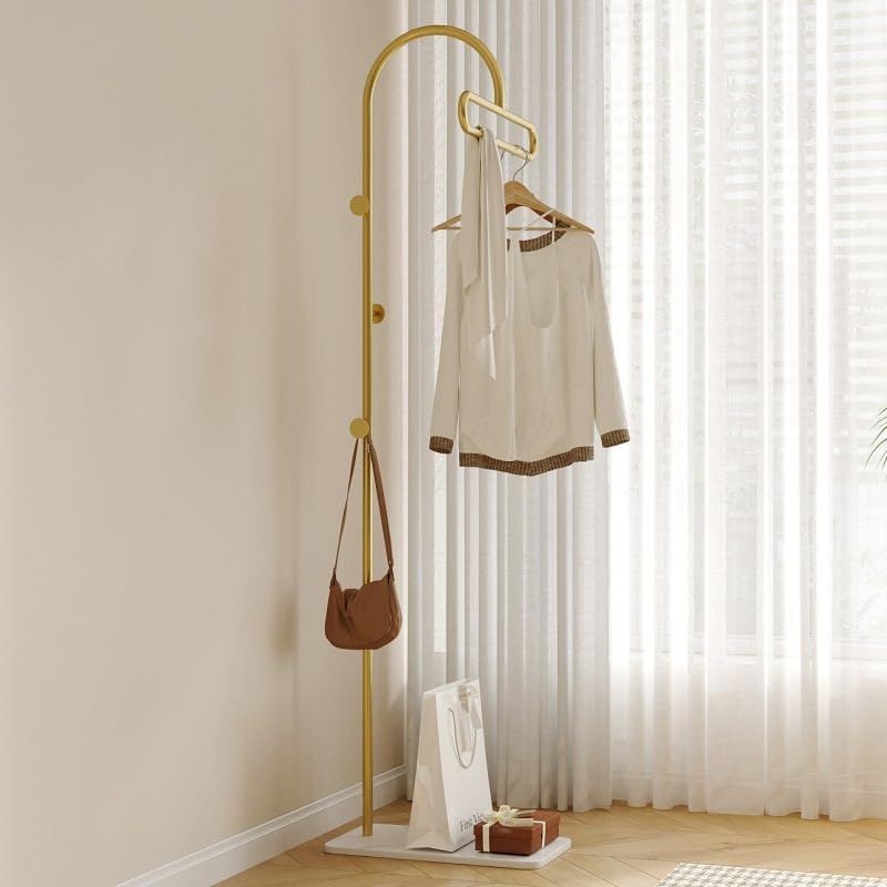 TMOHRA Metal Coat Rack Freestanding with 3 Hooks,170CM Sturdy Coat Racks Hanger Stand and Natural Marble Heavy Base,Clothes Stand Hat Hanger for Bedroom/Hallway/Entryway/Living Room (Gold) - Image 1