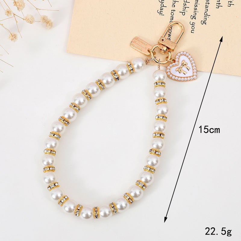 Chic Pearl Flower Bead Charm Phone Case Keychain K1962 gold diamond ring pearl chain pendant white heart