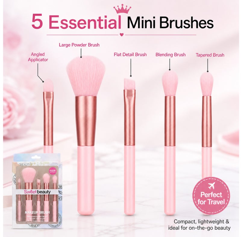 Me Now 5 Pcs Mini Makeup Brush Set Travel Makeup Brushes with Soft Synthetic Bristles, Pink Cosmetic Brush Kit for Powder, Blush Eyeshadow, Concealer and Detail Makeup Portable (2 Sets / 10 Brushes) - Image 2