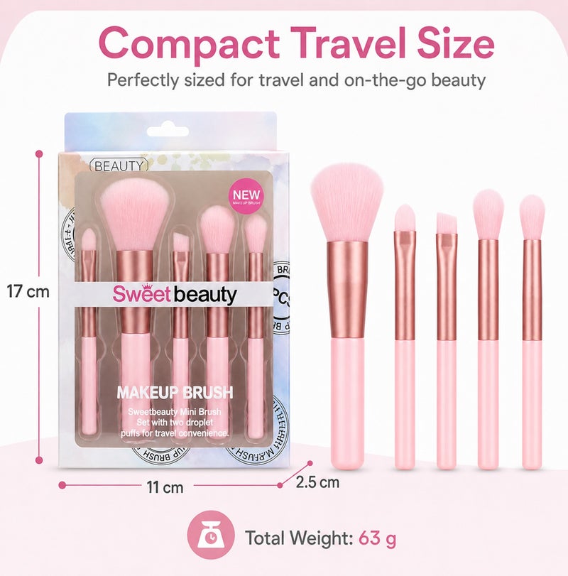 Me Now 5 Pcs Mini Makeup Brush Set Travel Makeup Brushes with Soft Synthetic Bristles, Pink Cosmetic Brush Kit for Powder, Blush Eyeshadow, Concealer and Detail Makeup Portable (2 Sets / 10 Brushes) - Image 3