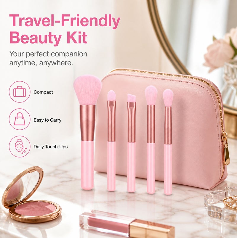 Me Now 5 Pcs Mini Makeup Brush Set Travel Makeup Brushes with Soft Synthetic Bristles, Pink Cosmetic Brush Kit for Powder, Blush Eyeshadow, Concealer and Detail Makeup Portable (2 Sets / 10 Brushes) - Image 4