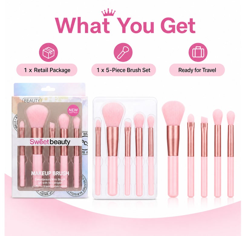 Me Now 5 Pcs Mini Makeup Brush Set Travel Makeup Brushes with Soft Synthetic Bristles, Pink Cosmetic Brush Kit for Powder, Blush Eyeshadow, Concealer and Detail Makeup Portable (2 Sets / 10 Brushes) - Image 5