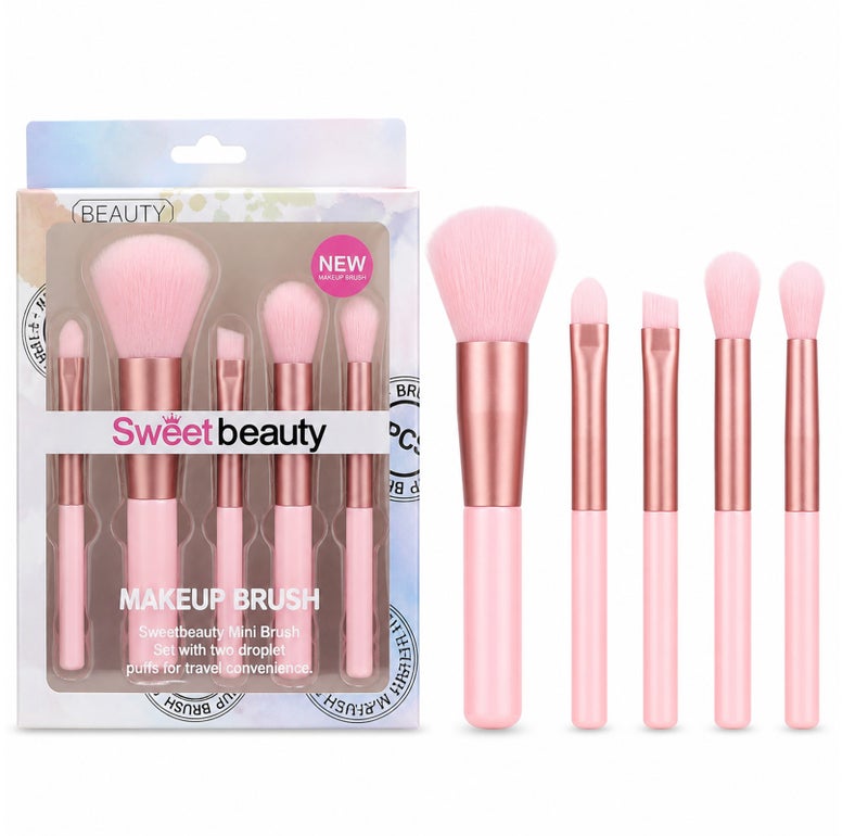 Me Now 5 Pcs Mini Makeup Brush Set Travel Makeup Brushes with Soft Synthetic Bristles, Pink Cosmetic Brush Kit for Powder, Blush Eyeshadow, Concealer and Detail Makeup Portable (2 Sets / 10 Brushes) - Image 1
