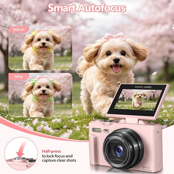 Maenlans 4K Digital Camera for Photography, 64MP Vlogging Camera for YouTube with 3" 180 Flip Screen, WiFi Compact Camera with 18X Digital Zoom, Comes with 32GB Micro SD Card & 2 Batteries, Pink - Image 4