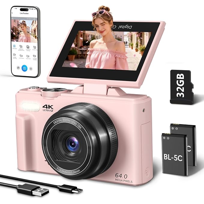 Maenlans 4K Digital Camera for Photography, 64MP Vlogging Camera for YouTube with 3" 180 Flip Screen, WiFi Compact Camera with 18X Digital Zoom, Comes with 32GB Micro SD Card & 2 Batteries, Pink - Image 1