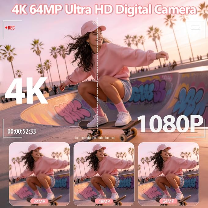 Maenlans 4K Digital Camera for Photography, 64MP Vlogging Camera for YouTube with 3" 180 Flip Screen, WiFi Compact Camera with 18X Digital Zoom, Comes with 32GB Micro SD Card & 2 Batteries, Pink - Image 2