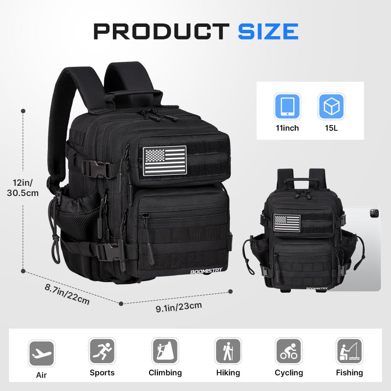 Boomistry 15L Mini Tactical Backpack Small Tactical Backpack for Men and Women, Military Backpack for Gym, Hiking, Daily (Black-15L) - Image 2