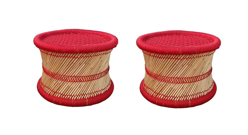 eGharonda Natural Bamboo SARKANDA Handmade Muddi Stool Red Set of 2 10x12 Inches