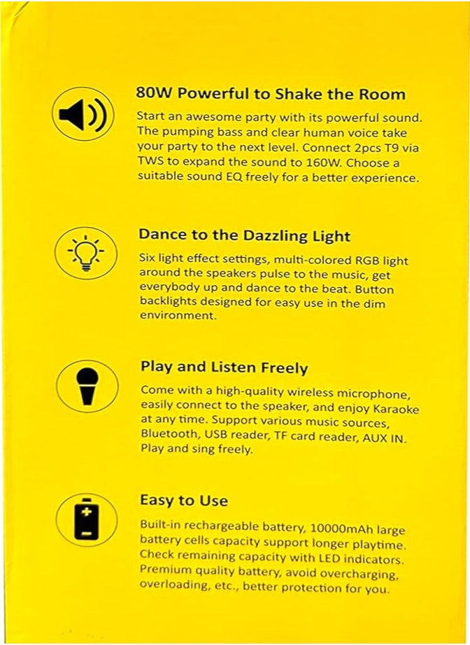 Party Box T-9 Wireless Speaker With Mic, 80W Powerful to Shake the Room