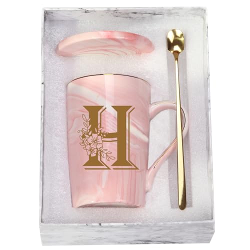 WENSSY Pink 14 Ounce Letter H with Flower Personalized Initial Mugs, Novelty Coffee Mug for Women, Bridal Shower Gifts, Dishwasher Safe Porcelain Cup - Image 1