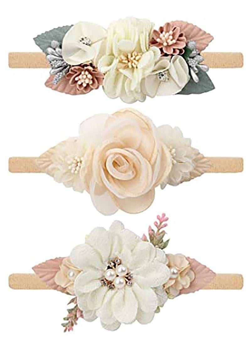 KASTWAVE Flower Nylon Headband, Baby Girl Floral Headbands Set, Elastic Hair Band Handmade Bow for Newborn Infant Toddler Baby Girl 3 Pack - Image 1