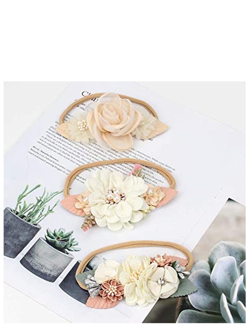 KASTWAVE Flower Nylon Headband, Baby Girl Floral Headbands Set, Elastic Hair Band Handmade Bow for Newborn Infant Toddler Baby Girl 3 Pack - Image 4