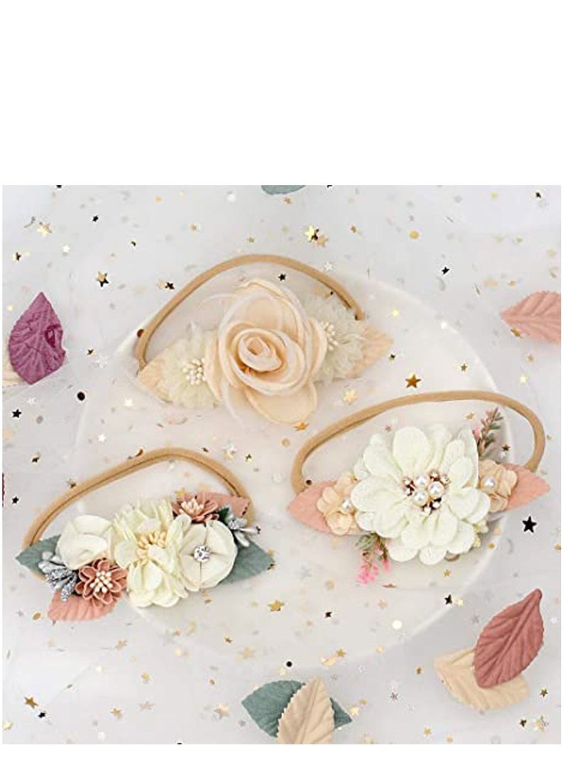 KASTWAVE Flower Nylon Headband, Baby Girl Floral Headbands Set, Elastic Hair Band Handmade Bow for Newborn Infant Toddler Baby Girl 3 Pack - Image 5
