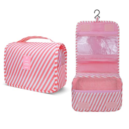 Lcsmaokin Large Capacity Toiletry Bag Travel Bag with Hanging Hook for Men and Women Waterproof Travel Cosmetic Bag Bathroom Storage Bag for Brushes Set, Full-Sized Shampoo,Accessories(Pink Stripe) - Image 2