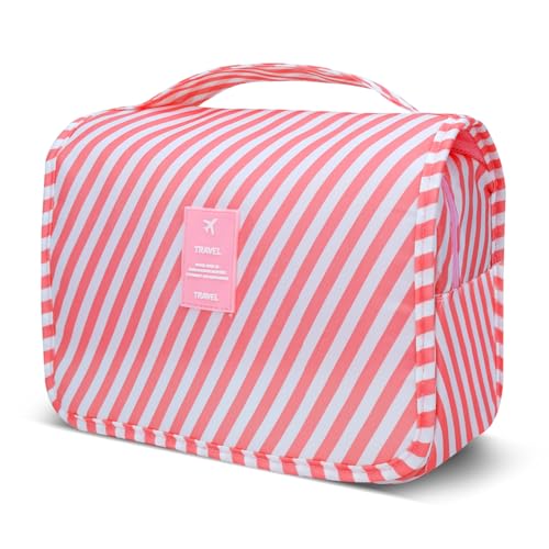 Lcsmaokin Large Capacity Toiletry Bag Travel Bag with Hanging Hook for Men and Women Waterproof Travel Cosmetic Bag Bathroom Storage Bag for Brushes Set, Full-Sized Shampoo,Accessories(Pink Stripe) - Image 1