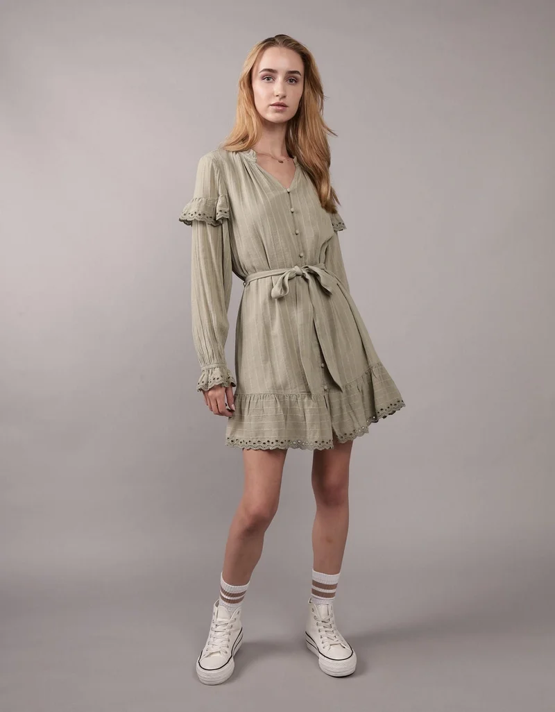 American Eagle AE Long-Sleeve Button-Up Ruffle Mini Dress