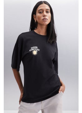 GRIMELANGE Enya Women's Printed Detail Oversize Fit Loose Cut Crew Neck 100% Organic Cotton Black T-shirt  - Image 1