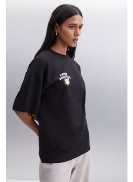 GRIMELANGE Enya Women's Printed Detail Oversize Fit Loose Cut Crew Neck 100% Organic Cotton Black T-shirt  - Image 4