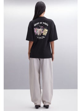 GRIMELANGE Enya Women's Printed Detail Oversize Fit Loose Cut Crew Neck 100% Organic Cotton Black T-shirt  - Image 5