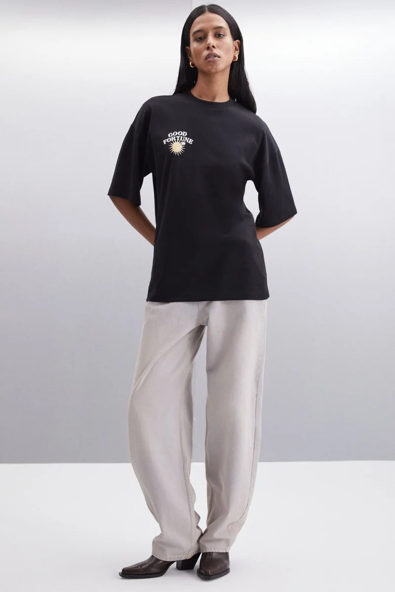 GRIMELANGE Enya Women's Printed Detail Oversize Fit Loose Cut Crew Neck 100% Organic Cotton Black T-shirt