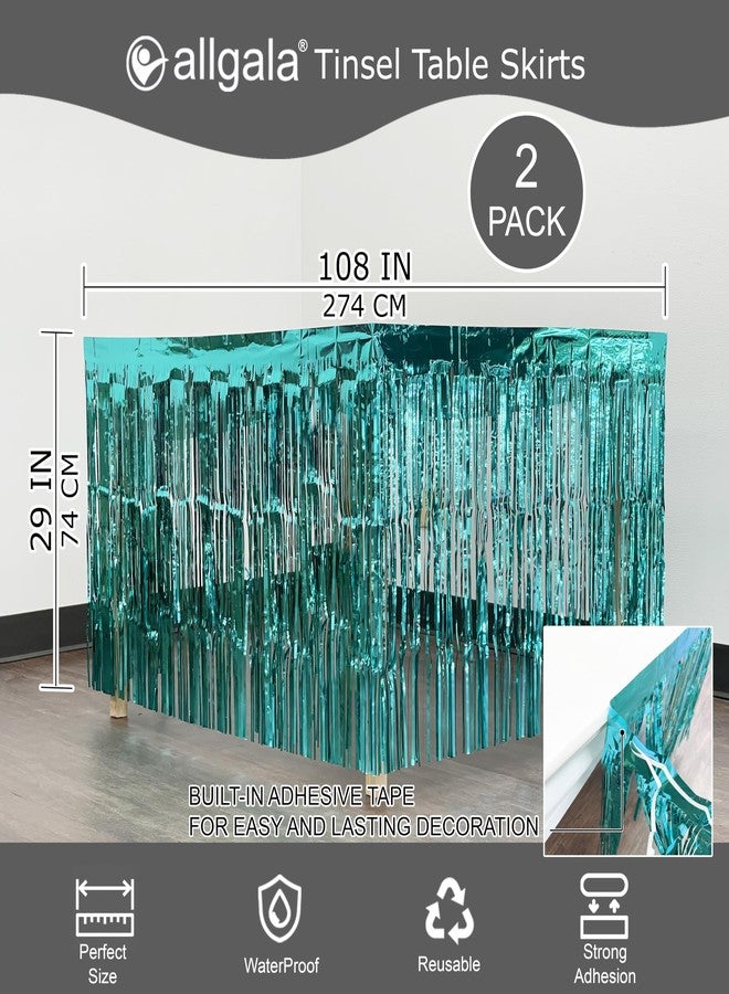 Allgala Turquoise Tinsel Table Skirt 2-Pack 29x108 Inch Metallic Foil Fringe Table Skirts for Party Event, Parade Float, Party Decoraton - Image 2