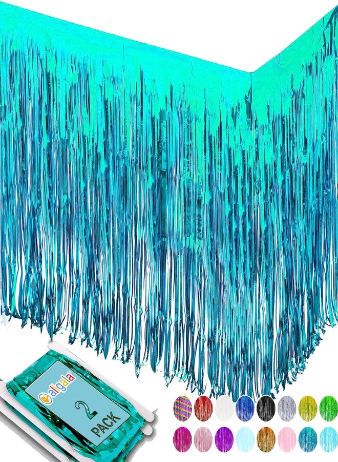 Allgala Turquoise Tinsel Table Skirt 2-Pack 29x108 Inch Metallic Foil Fringe Table Skirts for Party Event, Parade Float, Party Decoraton - Image 1