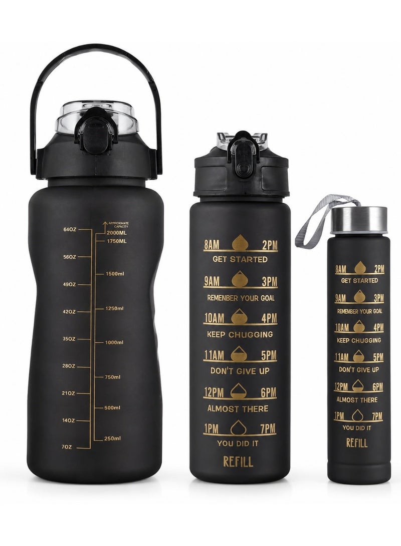 3-Piece Motivational Water Bottle Set – 2L, 900ml & 300ml BPA-Free Sports Bottles with Time Marker, Straw & Leakproof Lid – Gym, Office & Travel - Image 1