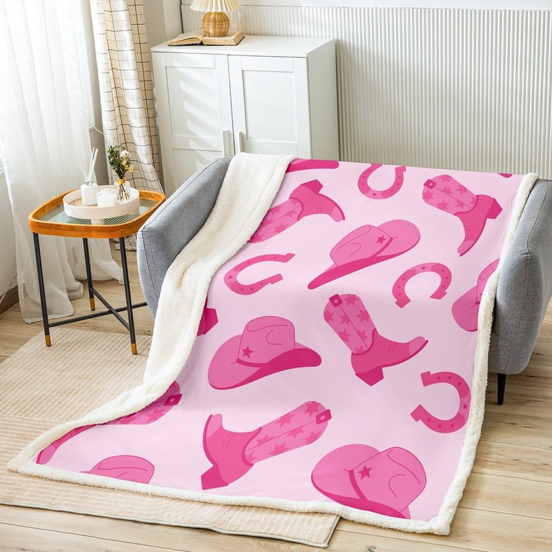 Erosebridal Erosebridal Cowgirl Throw Blanket Cute Kawaii Pink Cowgirl 40""X50"" Fleece Blanket Gifts for Girls Women Cowboy Hat Boots Horseshoe Sherpa Blanket Wild West Cowgirls Fuzzy Blanket for Bed Couch  - Image 2