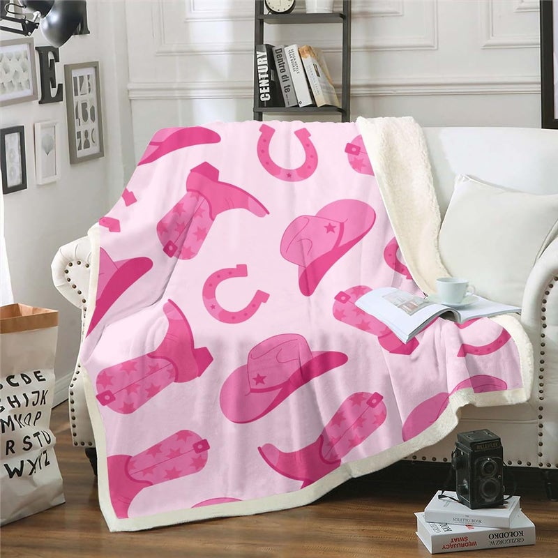 Erosebridal Erosebridal Cowgirl Throw Blanket Cute Kawaii Pink Cowgirl 40""X50"" Fleece Blanket Gifts for Girls Women Cowboy Hat Boots Horseshoe Sherpa Blanket Wild West Cowgirls Fuzzy Blanket for Bed Couch  - Image 1