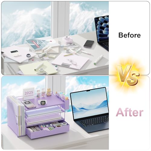gianotter Wood Desk Organizers and Accessories with File Holder 4Tier Desk Accessories Workspace Organizers with Drawer and Pen Holder Desk Reference Organizer Purple 4T with Drawer - Image 3