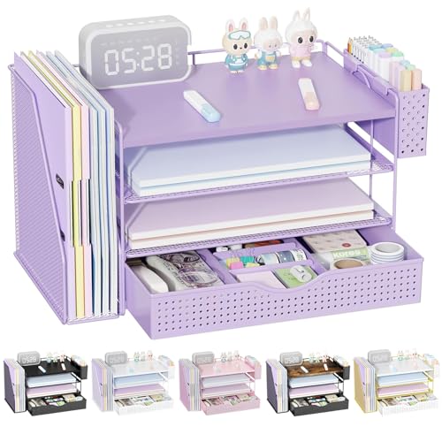gianotter Wood Desk Organizers and Accessories with File Holder 4Tier Desk Accessories Workspace Organizers with Drawer and Pen Holder Desk Reference Organizer Purple 4T with Drawer - Image 1