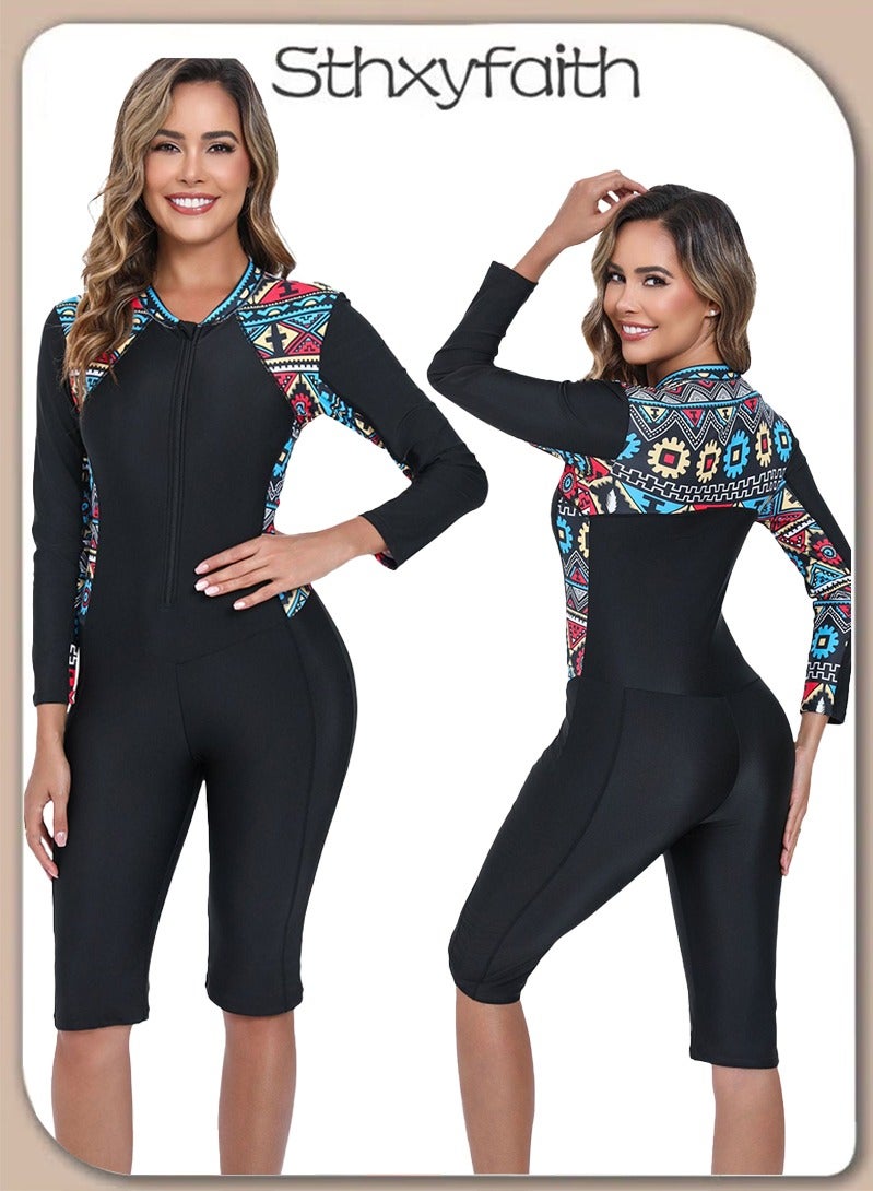 Sthxyfaith Womens One Piece Long Sleeve Rash Guard Knee High Bathing Suits Swimsuit Sport Surfing Wear Athletic Swimwear - Image 1