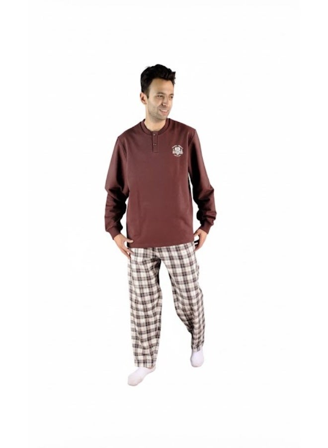 Men Winter Pajama Set Long Sleeve & Carreau Bottom-Brown