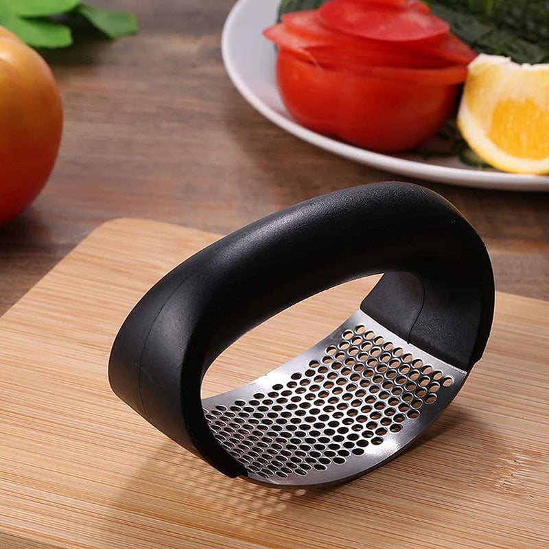 JENICO WORLD JENICO WORLD Stainless Steel Garlic Press Crusher Kitchen Chopper Dishwasher Safe MultiFunction Manual Curved Grinding Slicer Presses Cooking Gadgets Tool Dough and Peeler Black - Image 1