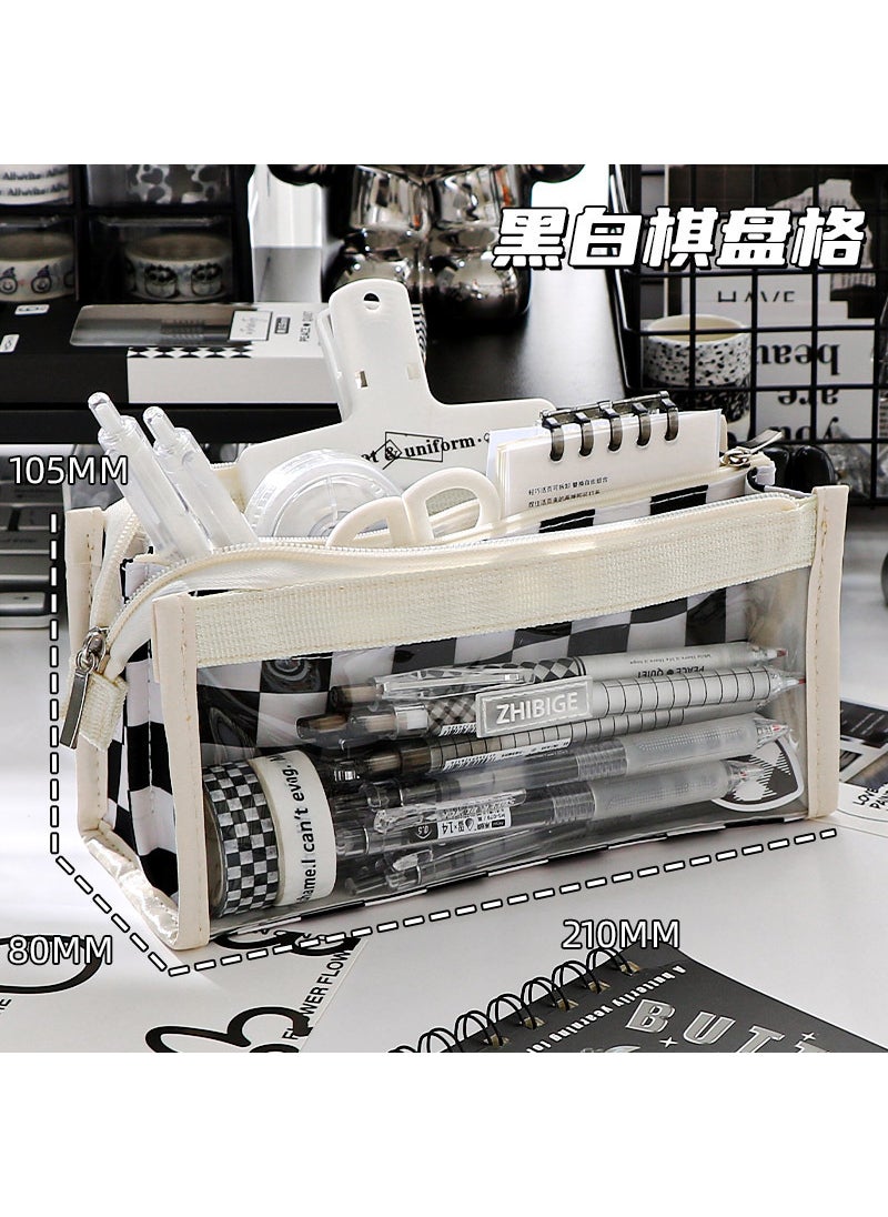 Generic - Transparent pencil case large capacity chessboard plaid pencil case junior high school girl stationery box female primary school student High-looking storage Six-layer chessboard Plaid White edging - Image 1