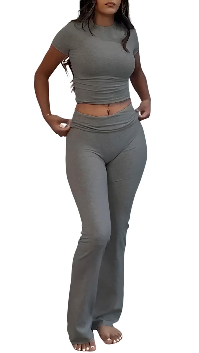 ZFLM Casual Workout Two Piece Outfits for Women Short Sleeve Crop High Waist Foldover Flare Pants Tracksuit Sets Streetwear - Image 1