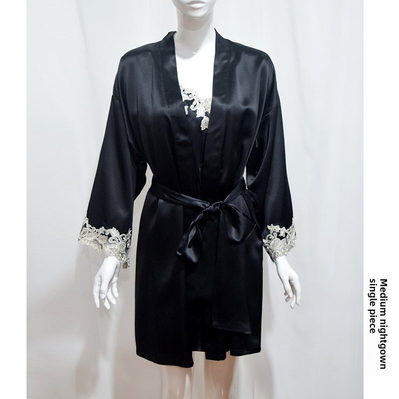 22 New LP Silk Nightgown Lace Trim Set Black Medium Nightgown