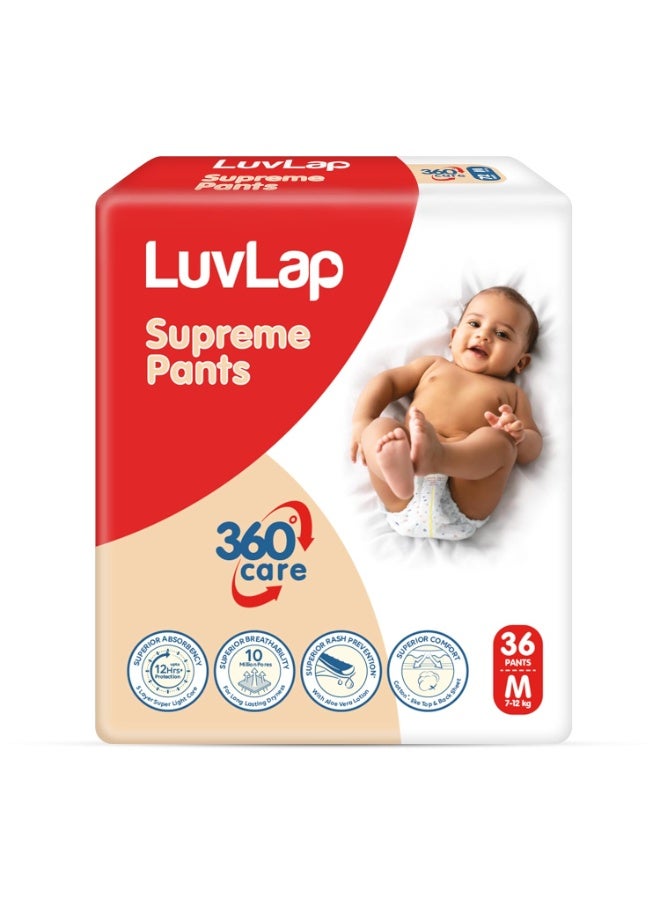LuvLap Supreme Diaper Pants Medium (MD) 7 to 12Kg, 36 Pcs, 360° skin care with 10 million breathable pores, Aloe Vera for superior Rash prevention, upto 12hr protection, 5 layer super light core