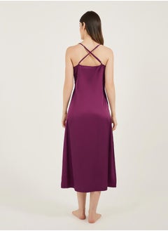 Styli Burgundy Sleeveless Satin Nightdress with Lace Detail  - Image 4