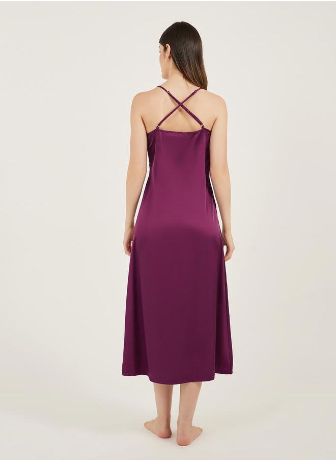 Styli Burgundy Sleeveless Satin Nightdress with Lace Detail  - Image 4